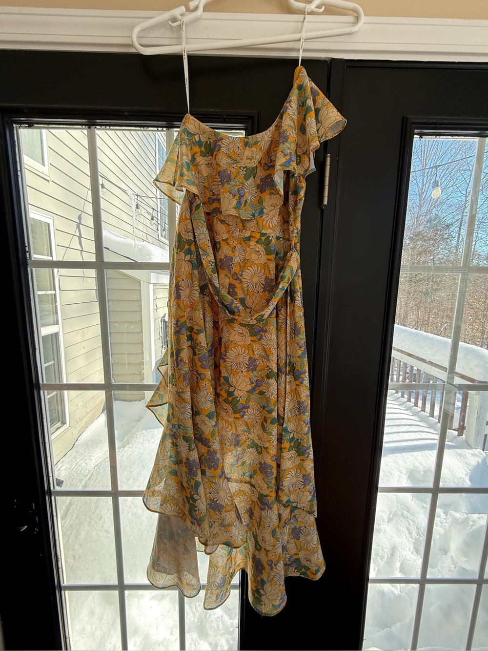 the clothing company Yellow Floral One-Shoulder Ruffle Midi Dress